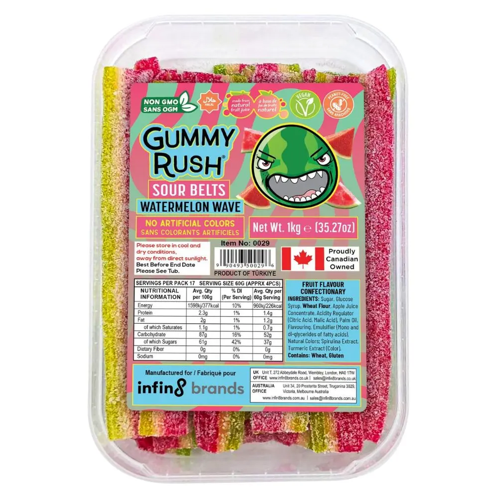 320554_1 Gummy Rush Watermelon Wave Sour Belts Tub 1kg - Image 1