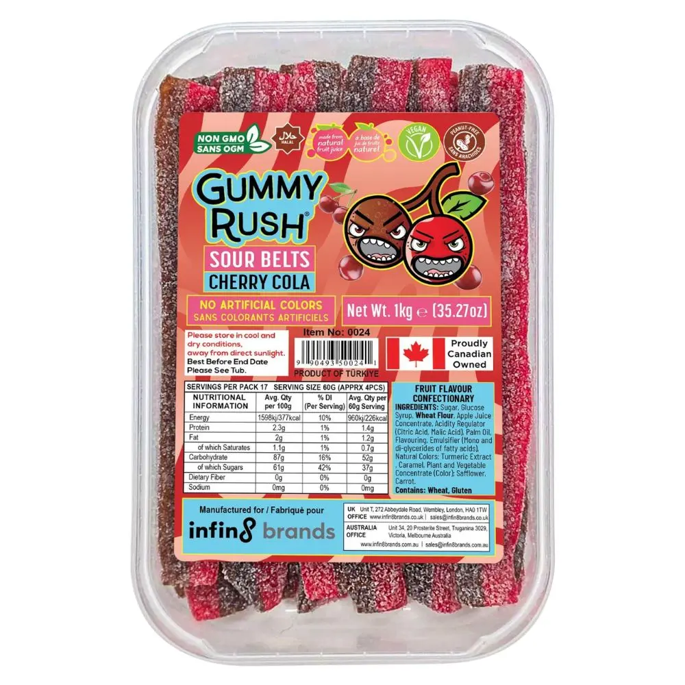 320555_1 Gummy Rush Cherry Cola Sour Belts Tub 1kg - Image 1