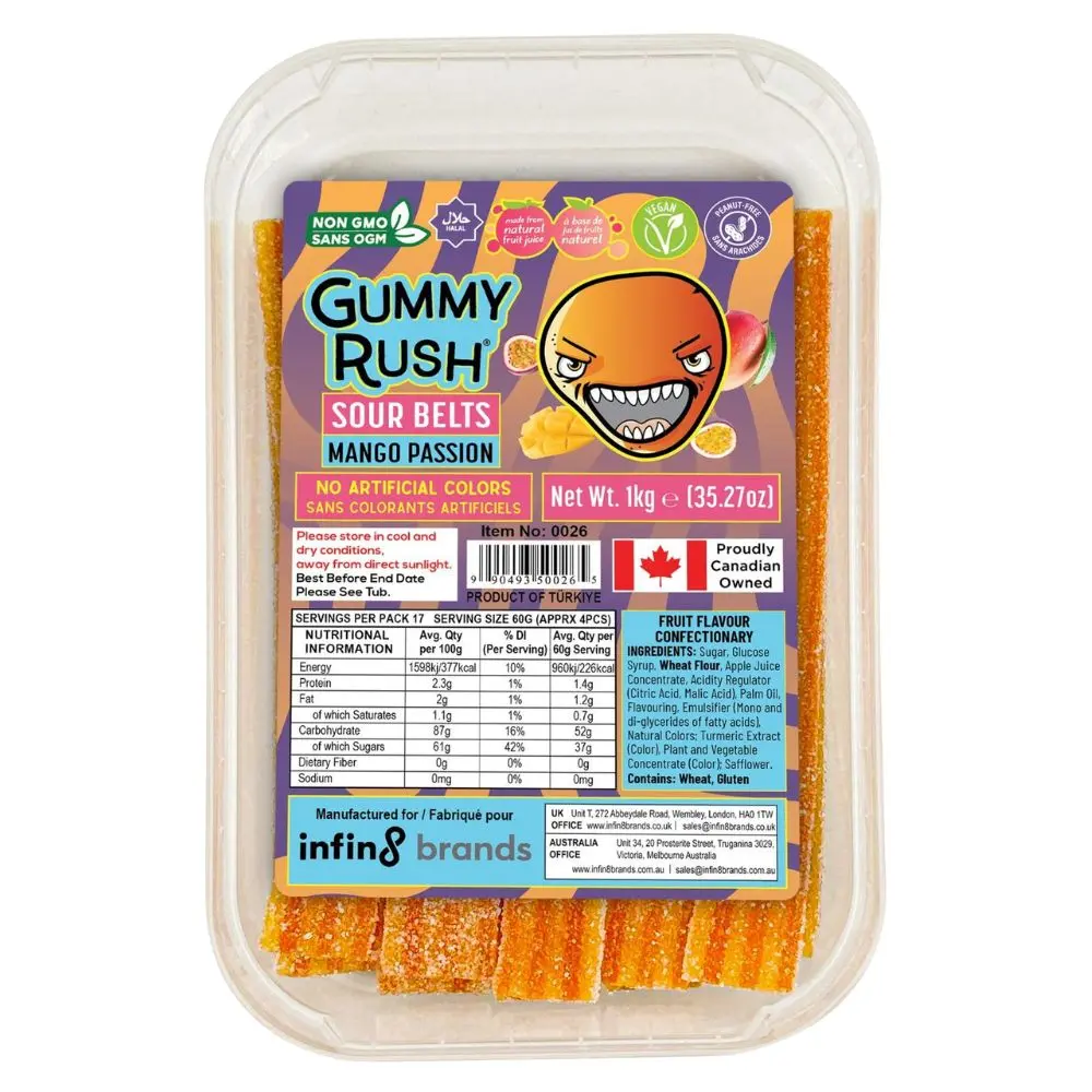 320557_1 Gummy Rush Mango Passion Sour Belts Tub 1kg - Image 1