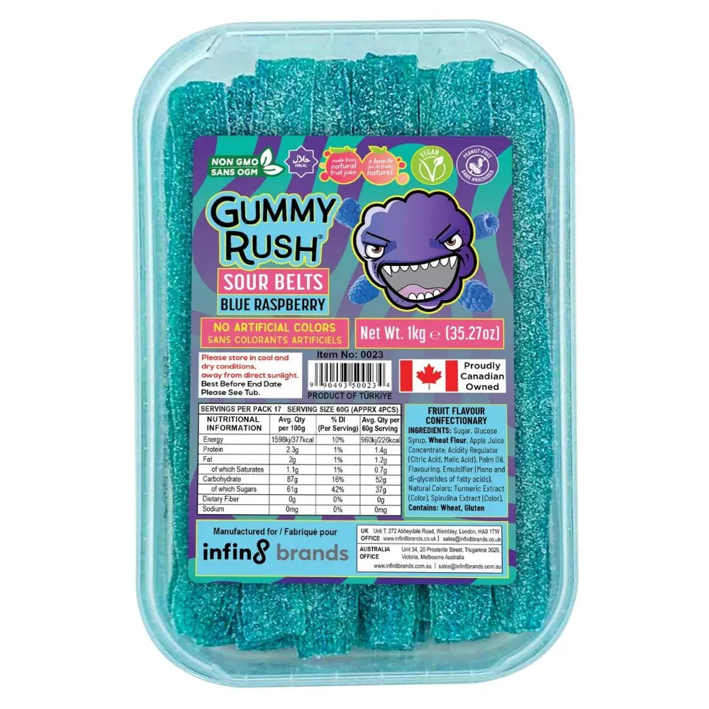 320558_1 Gummy Rush Blue Raspberry Sour Belts Tub 1kg - Image 1