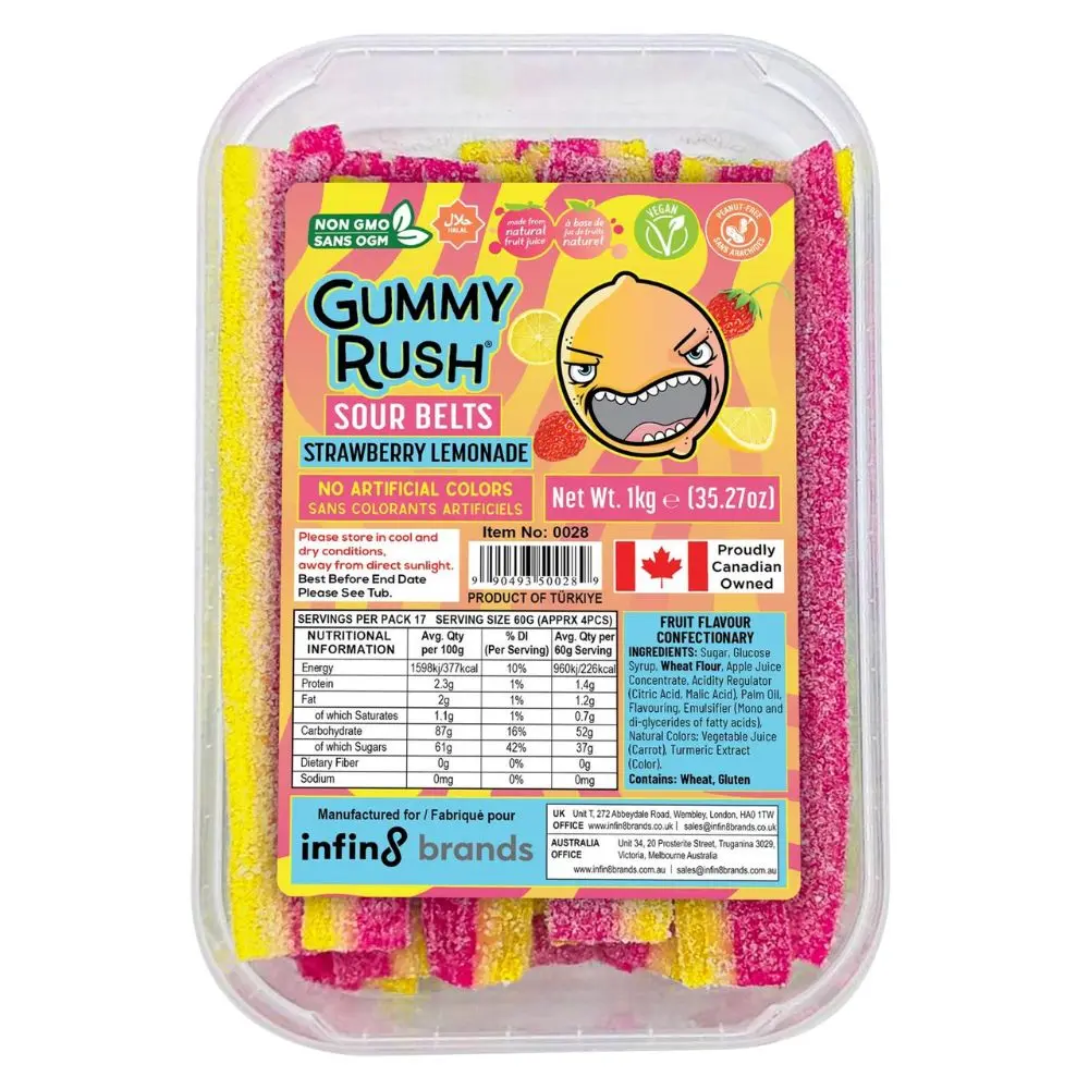 320560_1 Gummy Rush Strawberry Lemonade Sour Belts Tub 1kg - Image 1