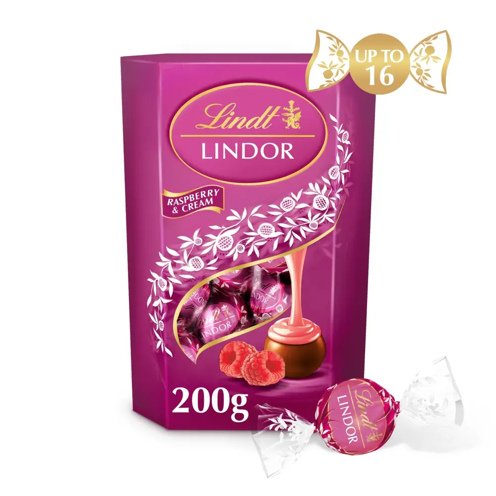 320607 Lindt Lindor Raspberry & Cream Chocolate Truffles Box 200g - Image 1
