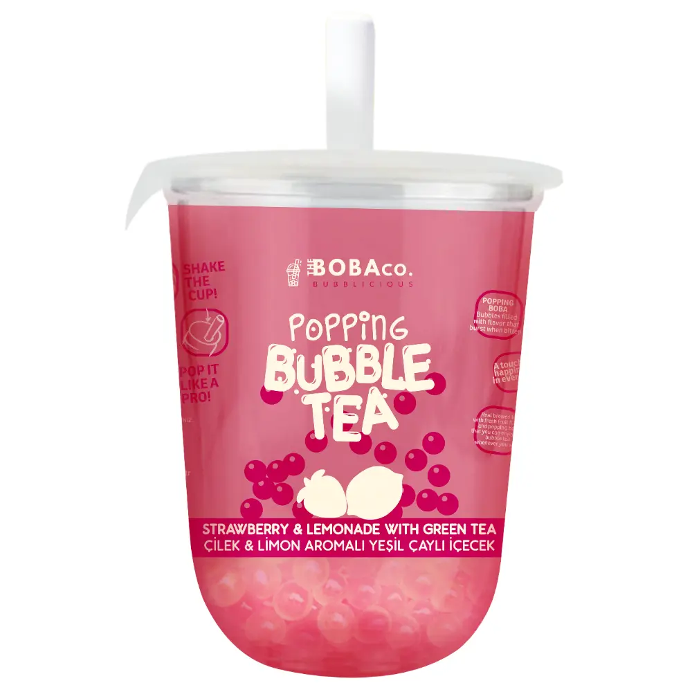 320619 The Boba Co Popping Bubble Tea Strawberry & Lemonade 330ml - Image 1